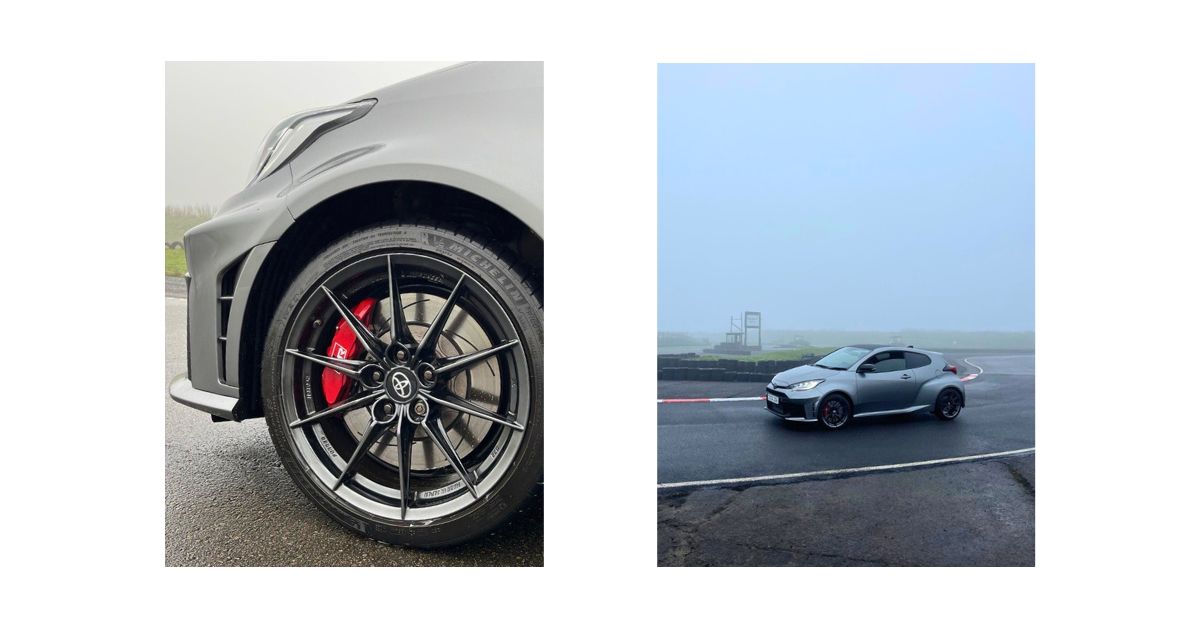 Radbild und Bild des Toyota GR Yaris beim Fahren auf einer Rennstrecke