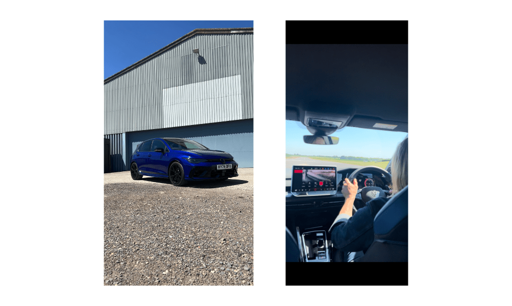 Außenansicht des Volkswagen Golf R MK8.5 und ein Bild von Vicki Butler-Henderson beim Fahren des Autos