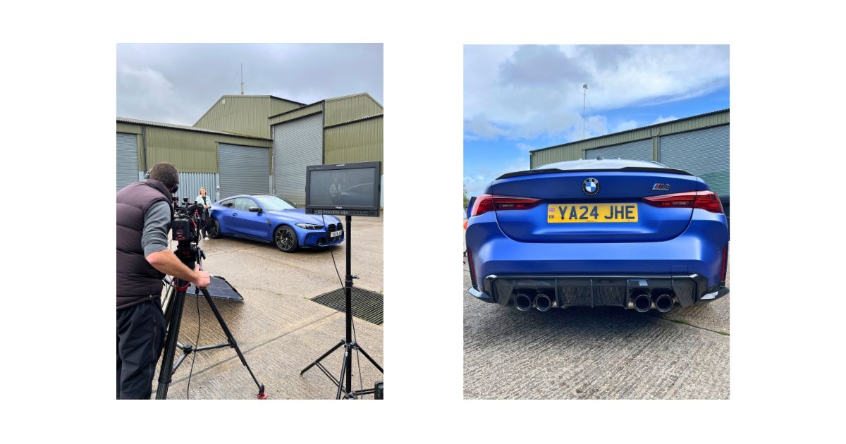 Bild eines Kameramanns beim Filmen des BMW M4 Competition und eine Heckansicht des BMW M4 Competition