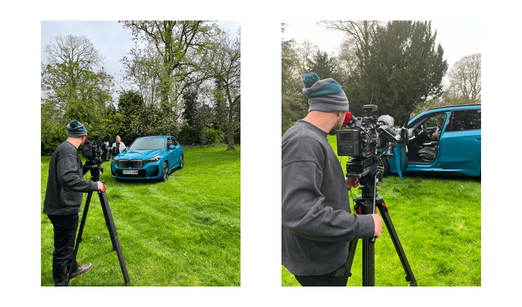 Bilder eines Kameramanns und einer Moderatorin beim Dreh eines BMW iX1 Tests auf einem Feld