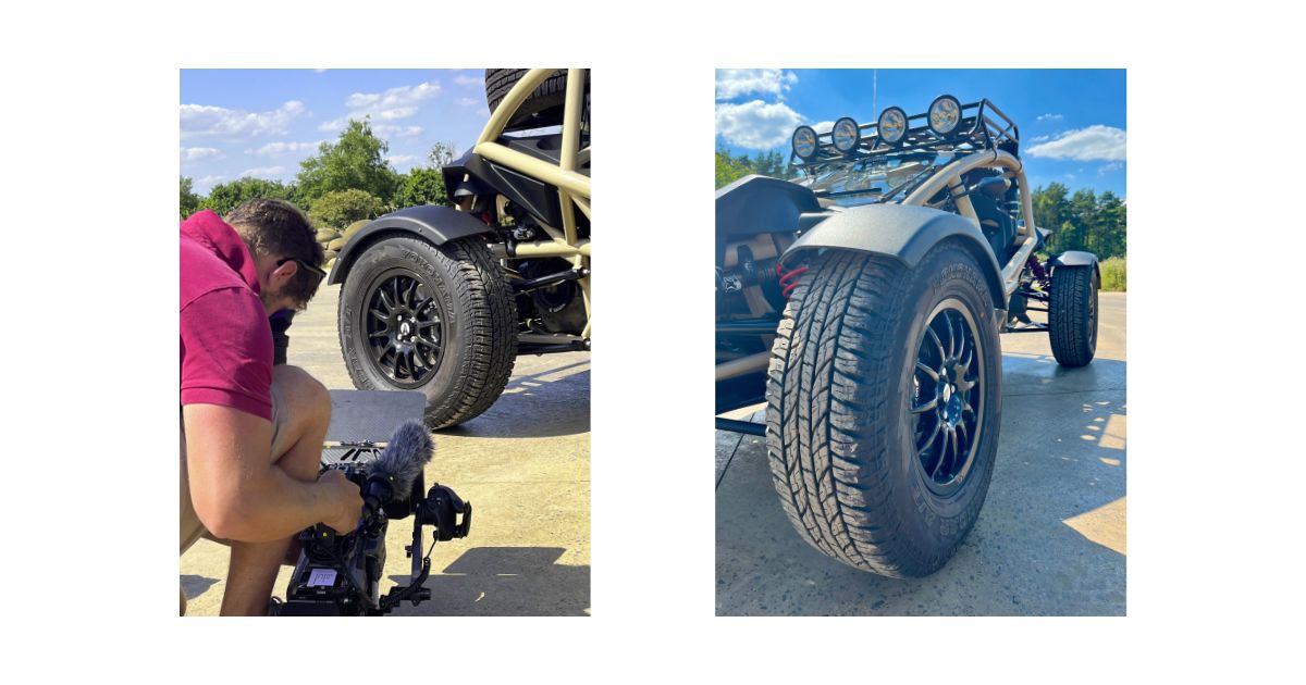Ein Hinter-den-Kulissen-Bild vom Ariel Nomad Video-Dreh und ein Radbild des Ariel Nomad