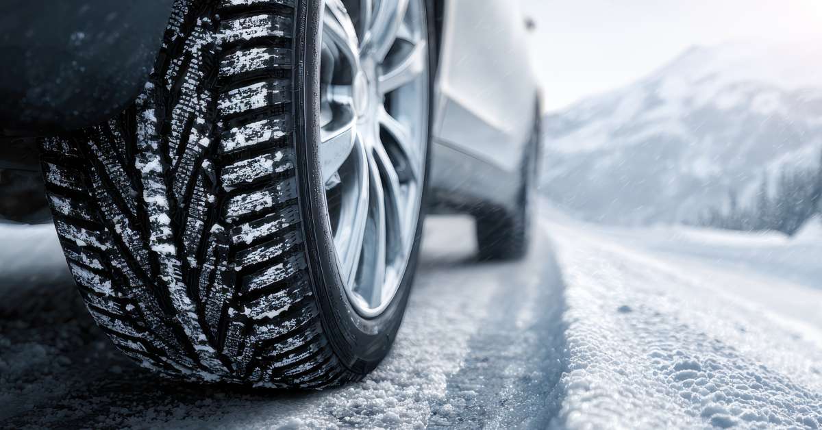 ärbild på ett vinterdäck monterat på en bil, körande på en snötäckt väg