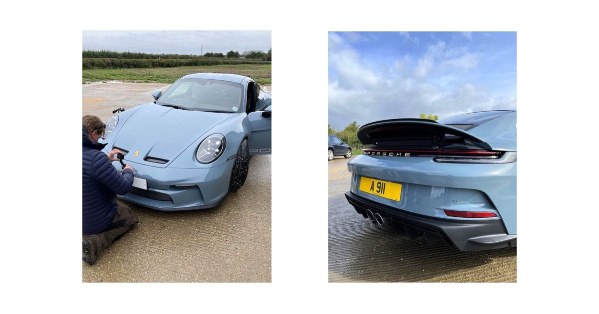 Ein Bild von den Dreharbeiten hinter den Kulissen zum Porsche 911 S/T und ein Bild des Hecks des Porsche 911 S/T