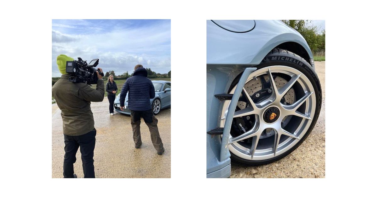 Ein Bild von den Dreharbeiten hinter den Kulissen zum Porsche 911 S/T und ein Radbild des Porsche 911 S/T