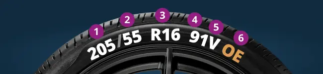 Däckstorlek 205/55 R16 91V angiven på däcket