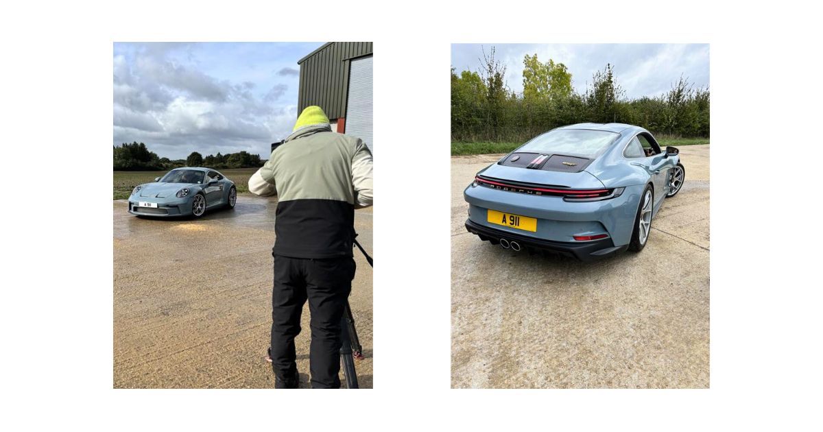 Ein Bild von den Dreharbeiten hinter den Kulissen zum Porsche 911 S/T und ein Bild des Hecks des Porsche 911 S/T