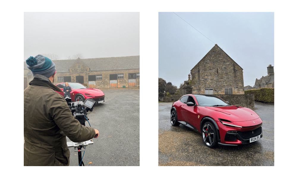 Bilder von den Dreharbeiten hinter den Kulissen zum Ferrari Purosangue