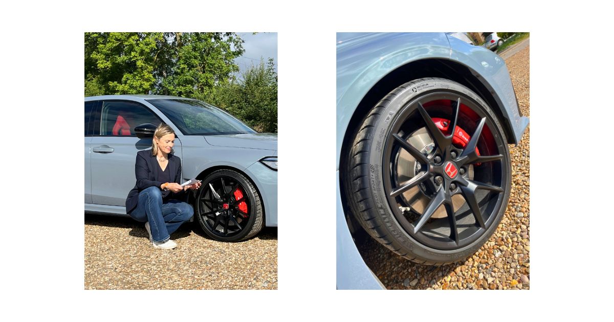 Ein Bild von Vicki Butler-Henderson neben dem Honda Civic Type R und ein Radbild vom Honda Civic Type R
