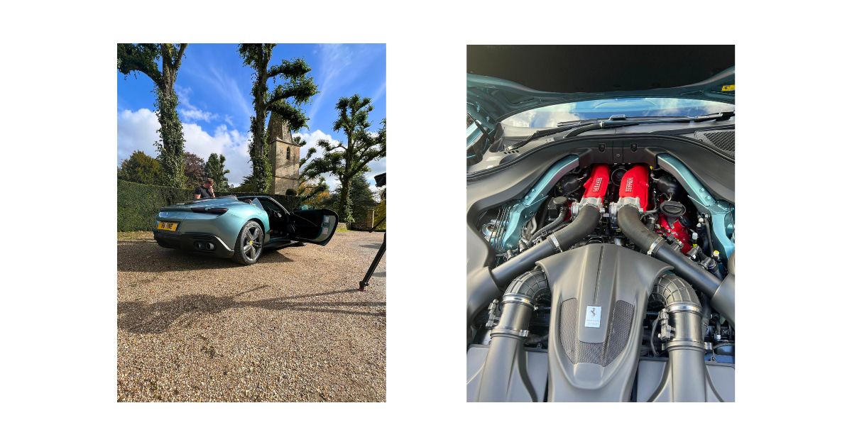Ein Bild von den Dreharbeiten hinter den Kulissen zum Ferrari Roma und ein Bild des Ferrari Roma Motorraums