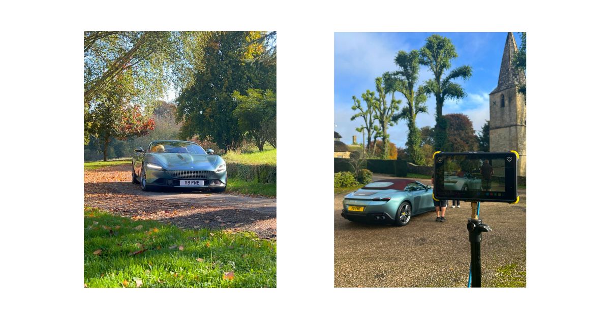 Ein Bild des fahrenden Ferrari Roma und ein Bild von den Dreharbeiten hinter den Kulissen zum Ferrari Roma