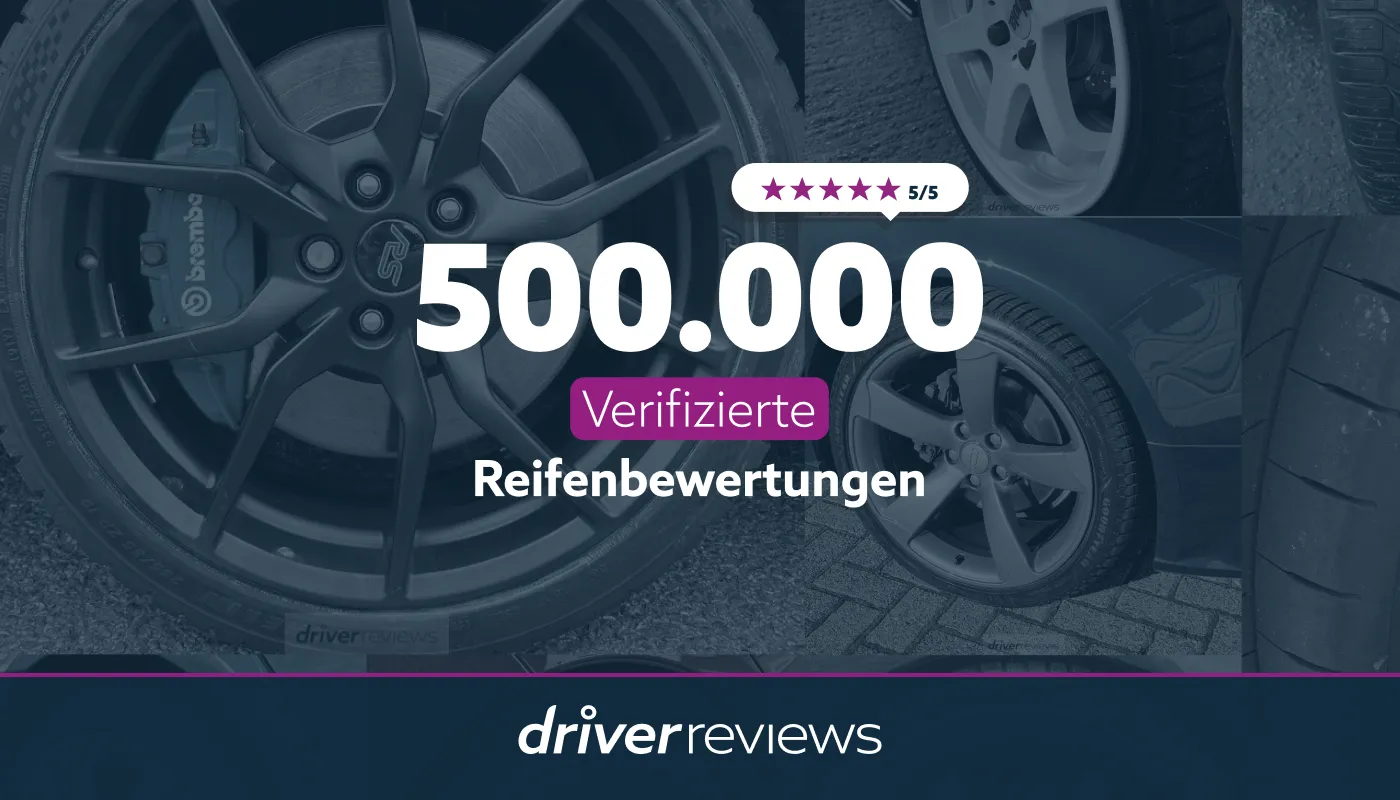 Banner di DriverReviews con 500.000 recensioni verificate sugli pneumatici e valutazione a 5 stelle