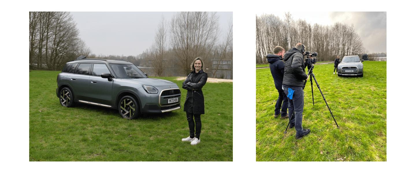 Bilder einer Moderatorin und Kameraleuten beim Dreh eines MINI Countryman Tests auf einem Feld